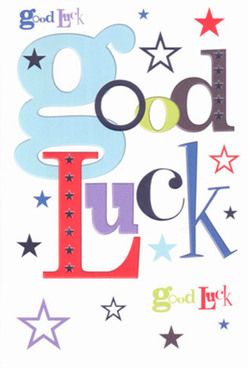 There's a delightful energy alive in this good luck card, the kind that could easily be found nestled among fresh blossoms at a St Luke's florist near Bunhill Fields or Clerkenwell Road. The bold, hand-drawn lettering fuses cool pastel blue with cheerful reds, deep purples, and gentle moss greens, each hue chosen as thoughtfully as a florist selects stems for a get-well bouquet. Sprinkled generously over the smooth, pristine card are whimsical stars: some pronounced in navy and violet, others fading softly in sky blue and lilac, resembling the night sky over St Luke's Gardens. As light plays on the surface, the card invites the fingertips to explore its crisp, satiny finish, echoing the sensory delight of unwrapping fresh-cut flowers on a brisk morning. There's a sense of anticipation: the varied fonts and layered starbursts radiate support and encouragement, perfectly capturing the community spirit that thrives here in St Luke's. A card like this is meant for those starting a new job, sitting an important interview, or simply beginning a new chapter within our bustling area. It radiates well-wishes and carries the gentle weight of local pride - as if to say luck is always just a neighbor away.