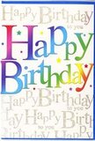 This birthday card radiates the same cheer you might feel walking through St Luke's on a bright morning, where colour spills from flower stalls and café windows. Dominating the design is the phrase Happy Birthday in large, joyful letters, each one draped in a gradient that moves from rich red through hot pink, sapphire, teal, and fresh green into warm yellow, like a string of multicoloured lanterns strung above a local street party. The letters are thick, softly rounded, and subtly glossy, giving them a three-dimensional look that makes the message almost leap off the card. Behind and around this headline, the entire surface is filled with a repeating chorus of Happy Birthday to you written in a delicate, looping script of metallic gold. This background script feels gentle and rhythmic, as if the words are being softly sung again and again, their golden ink catching the light in quiet sparks reminiscent of candles glowing in a St Luke's townhouse window. The base is a smooth, creamy white, so the rainbow text and gold lettering stand out clearly without clashing. Tiny flecks of shimmer appear scattered here and there, suggesting fine glitter or foil highlights that twinkle as the card is tilted in the hand. The mood is undeniably festive yet polished, with the bold colours echoing balloons and bunting, while the gold script adds a note of elegance. It is easy to imagine this card tucked into a bouquet being delivered to an office near Old Street or a home just off Goswell Road, ready to turn a simple birthday into a moment that feels truly special and warmly remembered.